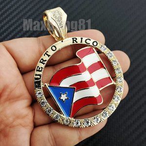 Gold PT Large Puerto Rico Flag Medal Bling Charm
